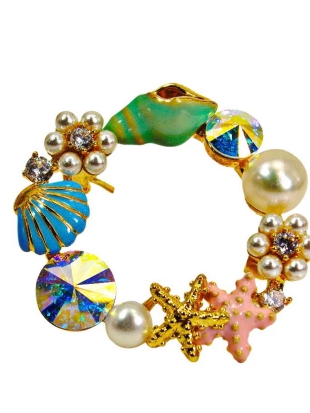 Ocean theme pin brooch made with sea shells, starfish, pearls, and crystals New